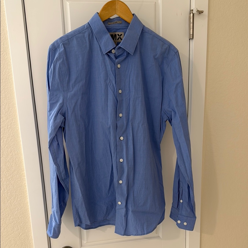 Express Blue Cotton Casual Button Down Shirt